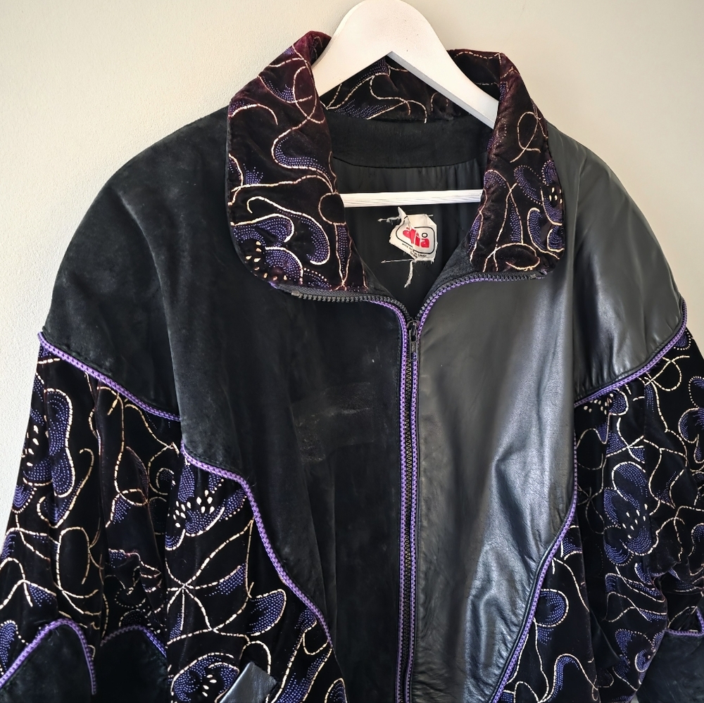 Alia L Vintage 80s 90s Eclectic Retro Leather Suede & Velvet Bomber Jacket - Picture 4 of 16